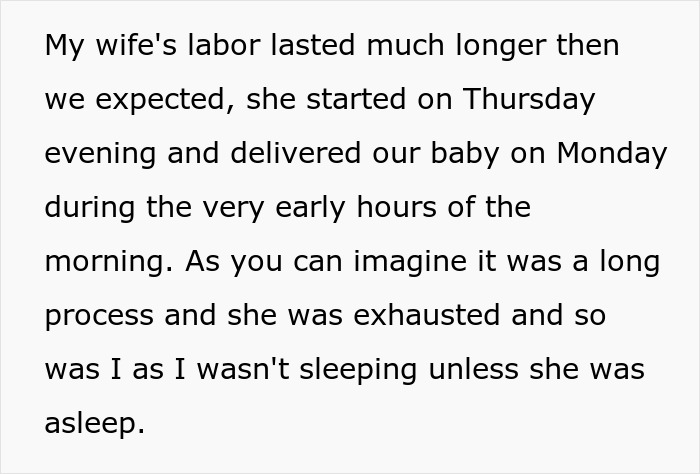 Text discussing a wife's extended labor lasting from Thursday evening to early Monday morning causing exhaustion for both parents.