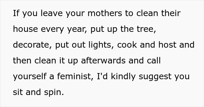 Text about feminism and adults leaving moms to do all the Christmas labor, criticizing unfair gender roles.