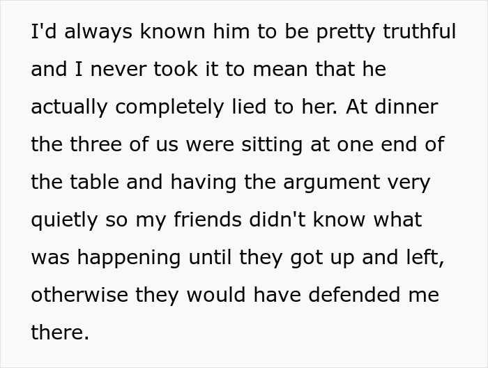 Text excerpt from a story about a man lying to please fianc&eacute;e and forgetting her sister is his ex during a quiet dinner argument.