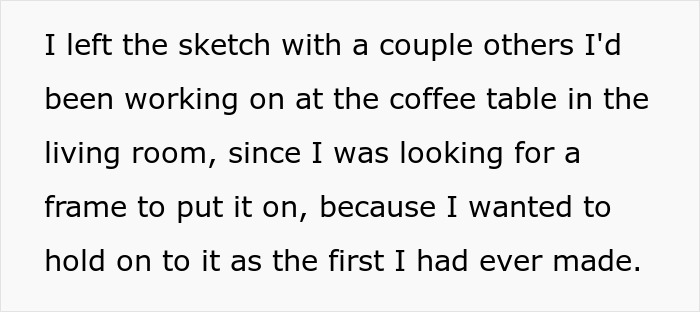 Text excerpt about a daughter's first drawing left on a coffee table, highlighting her emotional attachment. Text excerpt about a daughter's first drawing left on a coffee table, highlighting her emotional attachment.