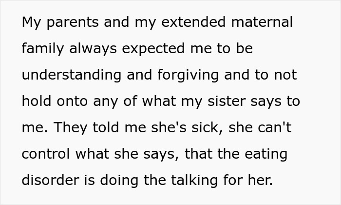 Text discussing parents wanting sisters to reunite despite one threatening the other's life due to an eating disorder condition.