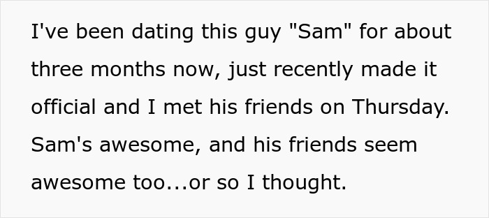Text excerpt describing an immature guy and his friends testing his new girlfriend, revealing past behavior.