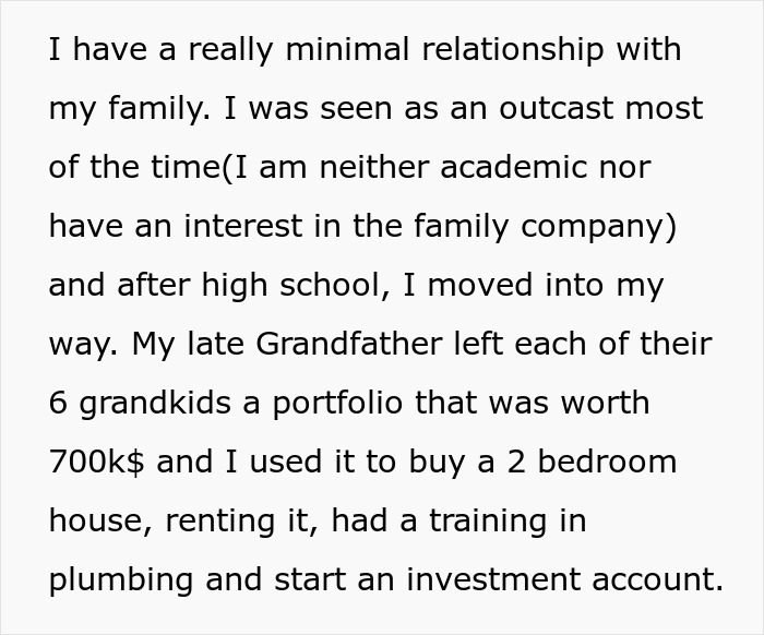 Text excerpt about a minimal family relationship and investment after grandfather's inheritance, relating to funeral wishes.