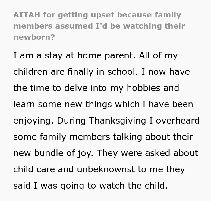 Stay-at-home aunt upset as couple wrongly expects her to give up hobbies for babysitting and gym time.