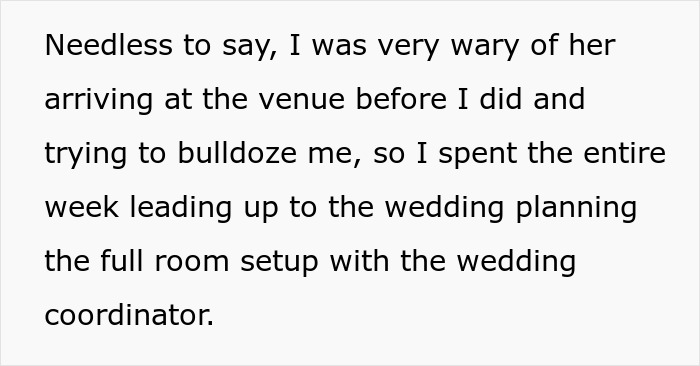 Text excerpt about wedding venue preparation related to mil demands and wedding venue changes stuck in a storm situation.