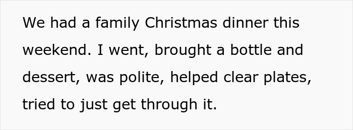 Text excerpt from a guy sharing his experience at a family Christmas dinner involving uncle&rsquo;s jokes and family tension.