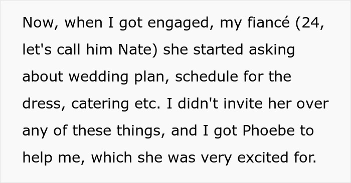 Text excerpt from a woman describing wedding planning issues with her bio mom after deciding to honor dad's bestie as mom.