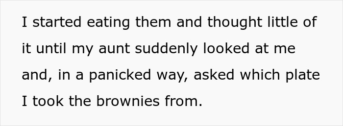 Child eating brownies unaware parents lied about allergies, causing sudden concern from aunt in a panicked moment.