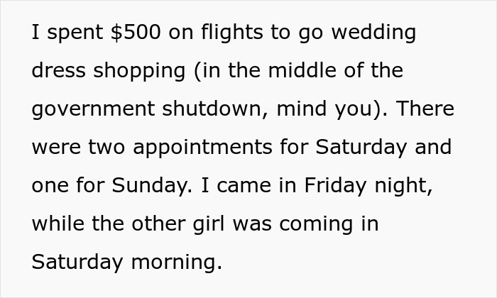 Text describing a costly wedding dress shopping trip during a government shutdown leading to a painful friendship wake-up call. Text describing a costly wedding dress shopping trip during a government shutdown leading to a painful friendship wake-up call.