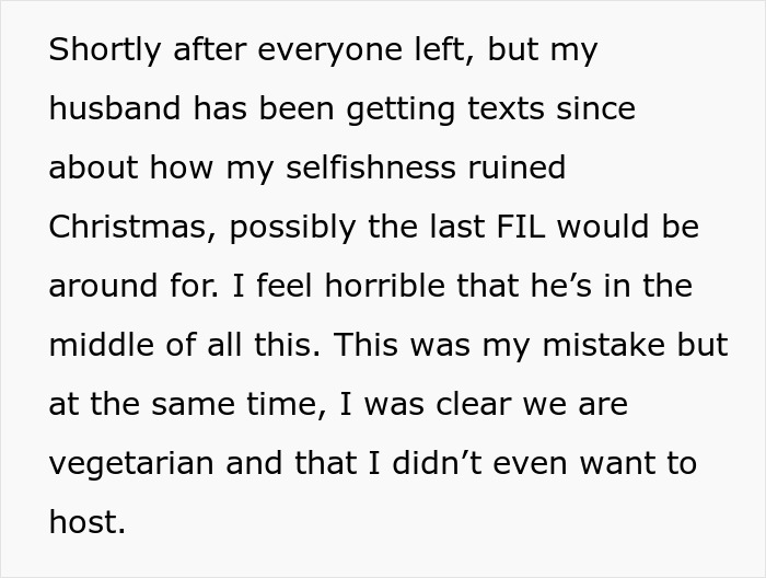 Text excerpt about family conflict after vegetarian host did not prepare ham for Christmas dinner.