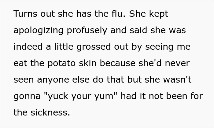 Text describing a guy eating a baked potato with skin, causing confusion and disgust from fianc&eacute;e&rsquo;s mother.