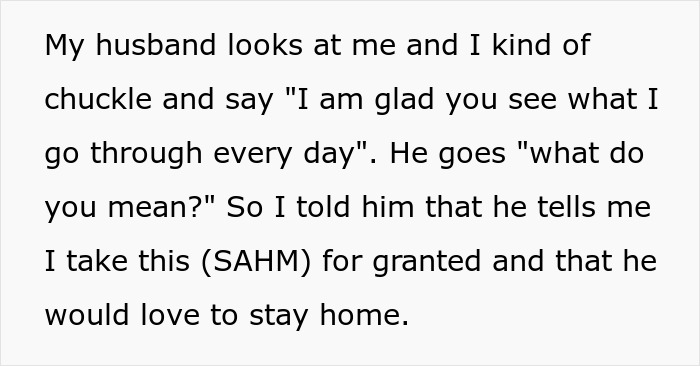 Text message from a stay-at-home-mom explaining her husband calls her lazy and takes chores for granted.