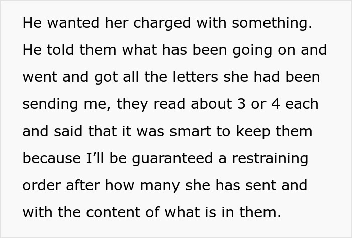 Text excerpt about restraining order after many letters sent, illustrating a woman's legal action against her mother-in-law.