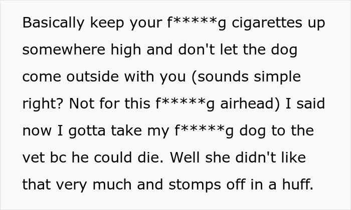Text excerpt showing a woman warning about keeping cigarettes away from the dog after MIL poisons family dog and causes conflict.