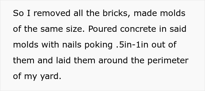 Text describing removing bricks, making concrete molds with nails, and laying them around yard perimeter to deter driving over yard.