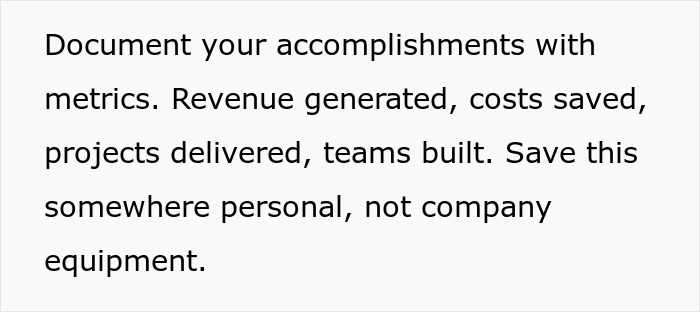 Text on paper advising to document accomplishments with metrics like revenue and projects, highlighting job safety red flags. Text on paper advising to document accomplishments with metrics like revenue and projects, highlighting job safety red flags.