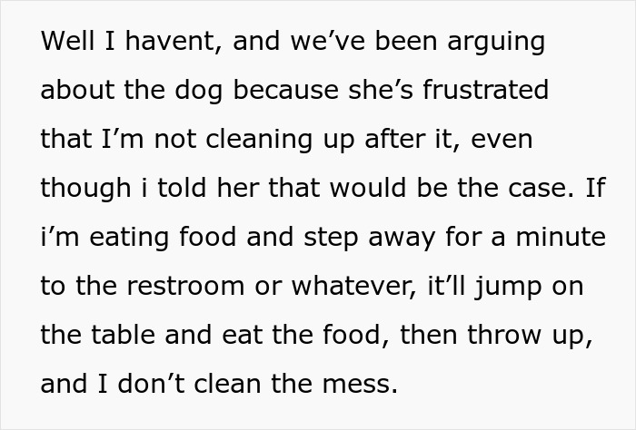 Text excerpt about dog-care home drama showing a conversation on frustration and cleaning up after a dog&rsquo;s mess.