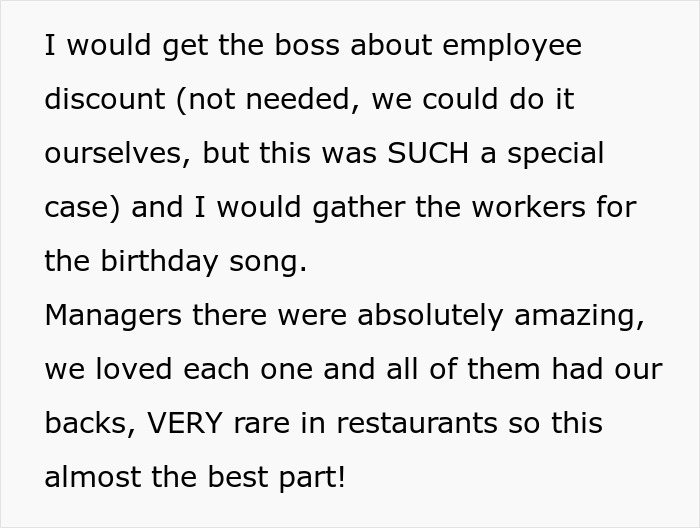 Text excerpt describing supportive restaurant managers and employee discounts during a special birthday celebration. Text excerpt describing supportive restaurant managers and employee discounts during a special birthday celebration.