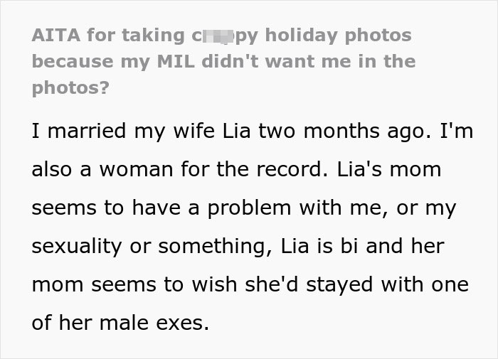 Screenshot of a text post discussing a woman excluded from family photos by her homophobic mother-in-law.