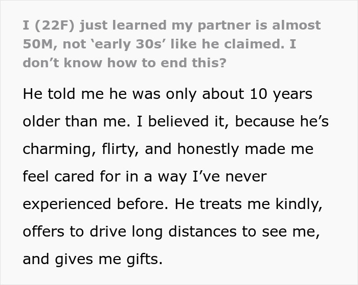 Text post about a 22-year-old woman who discovers her partner lied about being in his early 30s.