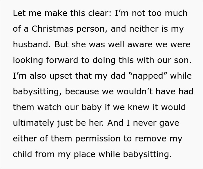 Text excerpt discussing upset feelings about babysitting and unauthorized removal of child, relating to step-grandma sneaking baby to Santa.