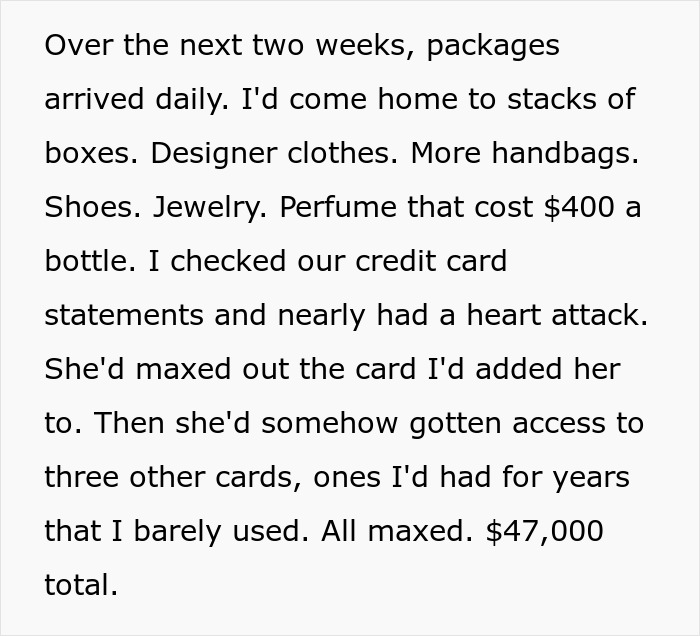 Alt text: Husband discovers wife treating him as ATM machine, maxing out credit cards on designer clothes and luxury items without shame.