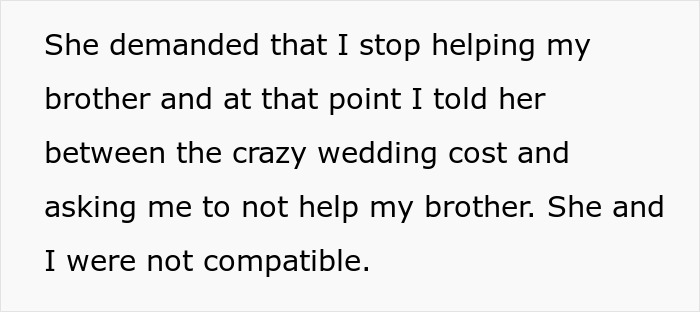 Text excerpt about ending relationship due to debt and clashing values over demanding $35k wedding cost. Text excerpt about ending relationship due to debt and clashing values over demanding $35k wedding cost.