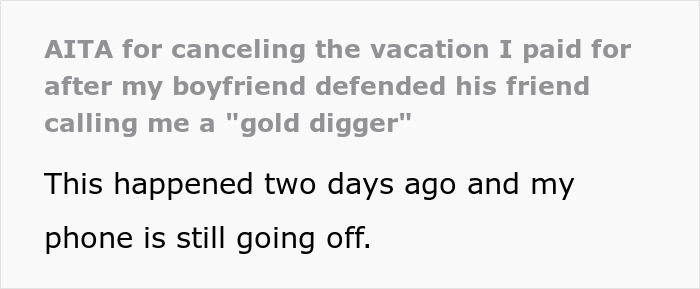 Screenshot of a social media post about a girlfriend spending to prove herself and canceling a fully paid Hawaii trip.