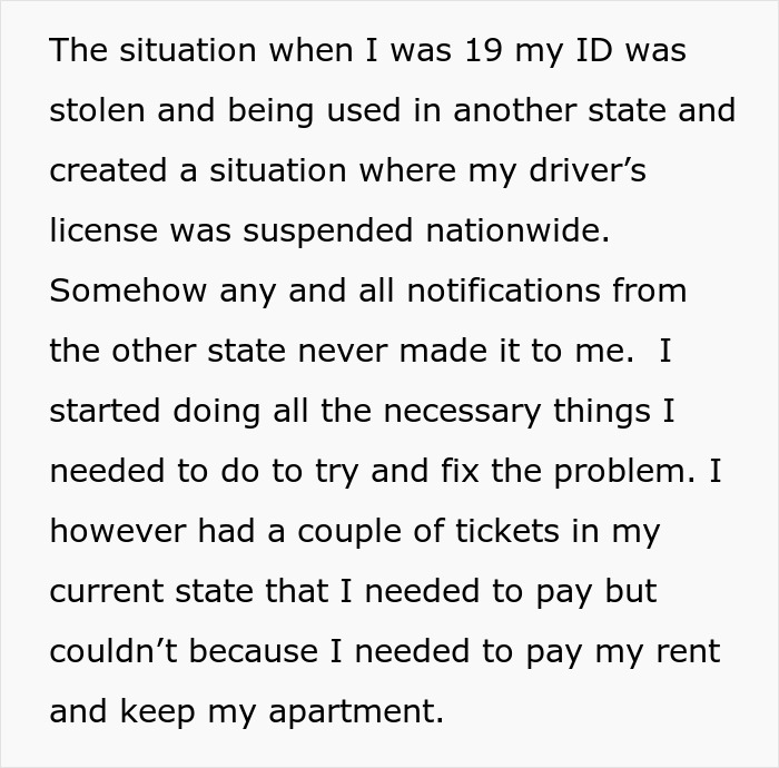 Text excerpt about driver&rsquo;s license suspension nationwide due to stolen ID impacting family and personal responsibility.