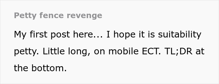 Text excerpt titled Petty fence revenge, describing a first post about suitability and mobile ECT with a TL;DR note.