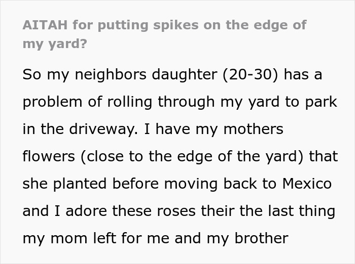 Text post discussing neighbor&rsquo;s daughter repeatedly driving over yard, leading to spikes to protect flowers from damage.