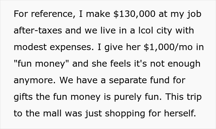 Text discussing a SAHM feeling poor despite receiving 1,000 dollars per month as fun money from her husband.