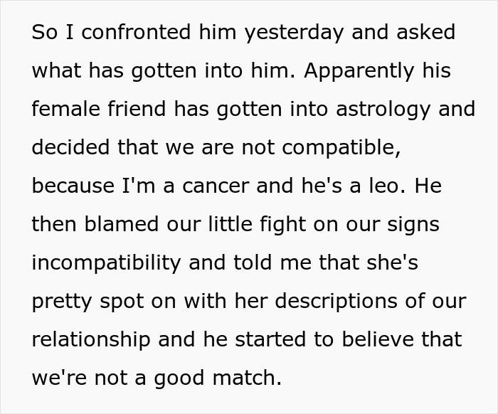 Text excerpt discussing astrology and zodiac signs compatibility between a Cancer and a Leo in a relationship.