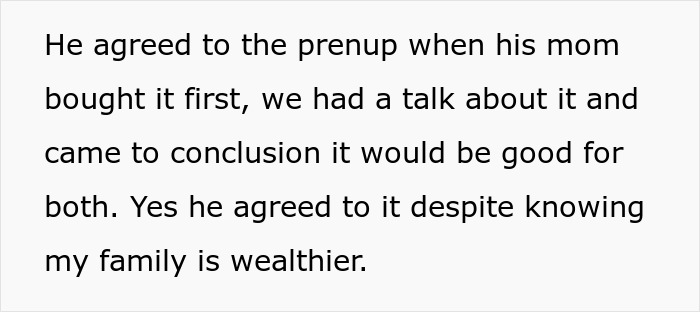 Text passage about future in-laws demanding a prenup and agreeing after realizing the woman&rsquo;s wealthy family situation.