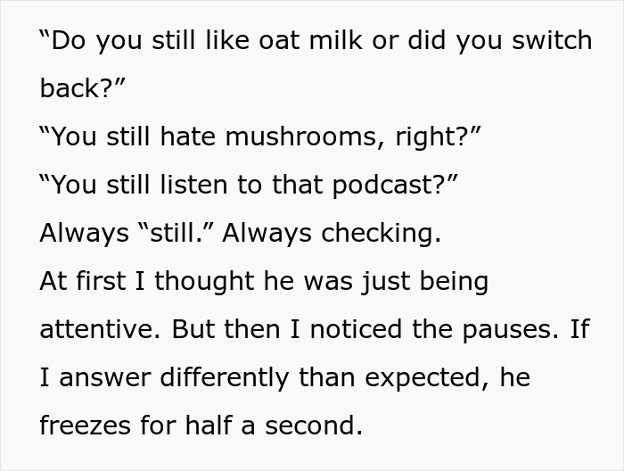 Get Him To A Doctor, screenshot of text about boyfriend always asking still questions and freezing after unexpected answers