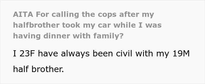 Text excerpt about a woman calling the cops on her half-brother who stole her car leading to family conflict.