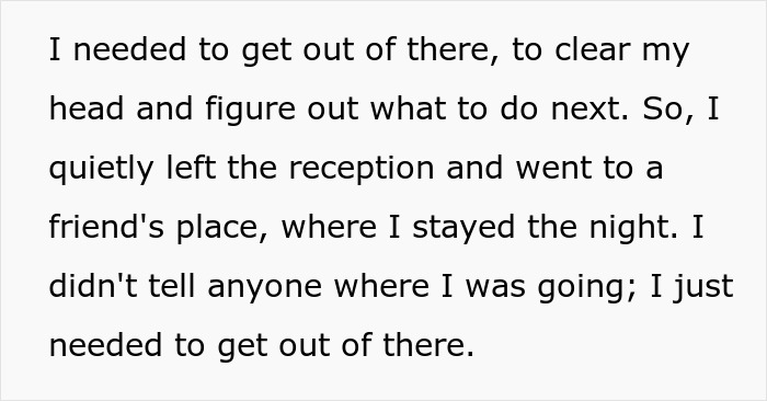 Text excerpt about a bride leaving a reception after overhearing the groom’s unexpected revelations about her. Text excerpt about a bride leaving a reception after overhearing the groom’s unexpected revelations about her.