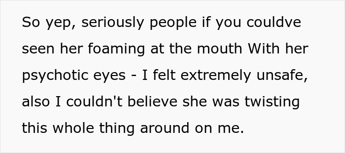 Text excerpt showing a woman's description of feeling unsafe after MIL poisons family dog and verbally attacks her, causing conflict.