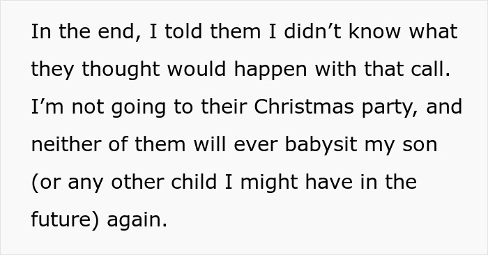 Text excerpt showing a parent explaining loss of babysitting privileges after step-grandma sneaks baby to Santa while watching him.