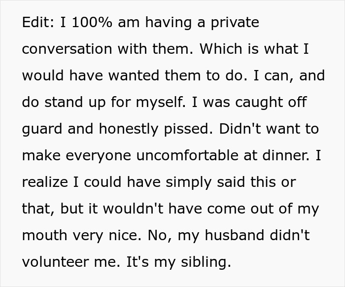 Text excerpt discussing a private conversation about standing up for oneself during a family dinner and sibling involvement.