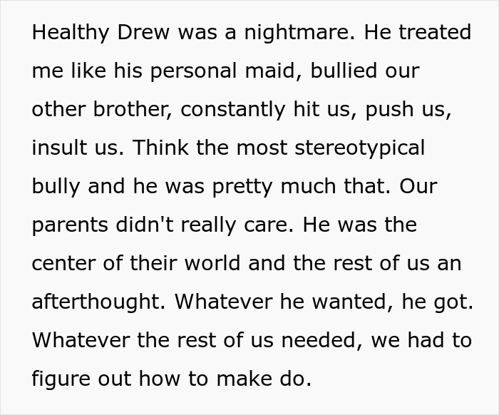 Text excerpt describing a woman’s lifetime sacrifice and struggle as spare parts for her brother and finally saying no. Text excerpt describing a woman’s lifetime sacrifice and struggle as spare parts for her brother and finally saying no.