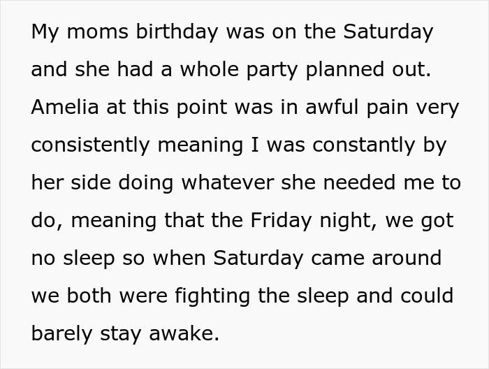 Text excerpt describing a mom's birthday party plans disrupted by sleep deprivation and care for a daughter in pain.