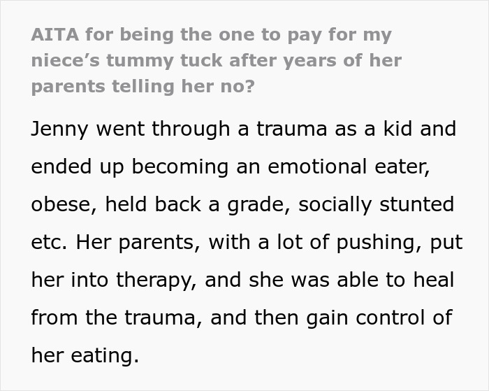 Text discussing aunt paying for niece&rsquo;s tummy tuck amid family drama and emotional trauma from past challenges.