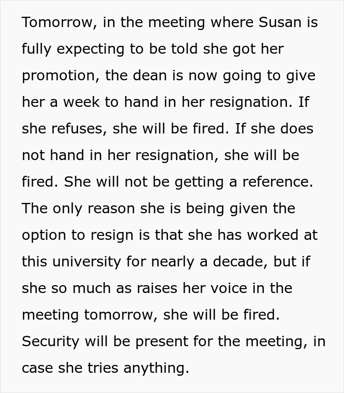 Text describing a meeting where a revengeful daughter-in-law causes an unhinged MIL to lose her job after promotion news breaks.