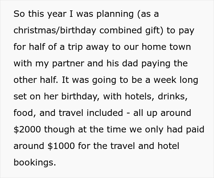 Text excerpt from a woman upset about her son’s partner coming without a gift after she asked him not to bring tacky little trinkets. Text excerpt from a woman upset about her son’s partner coming without a gift after she asked him not to bring tacky little trinkets.