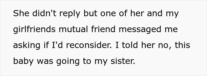 Text message discussing reconsideration of adopting baby and decision for friend&rsquo;s sister to adopt instead.