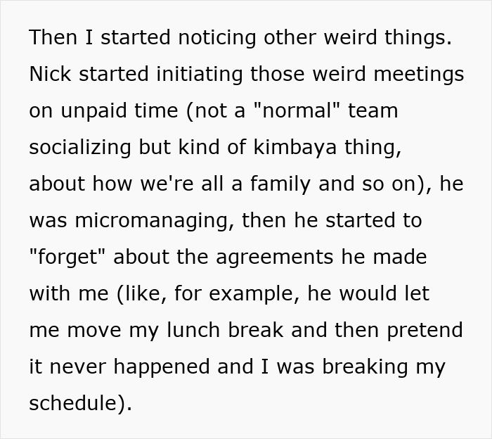 Text describing a boss who micromanages, breaks agreements, and threatens termination before facing consequences himself.