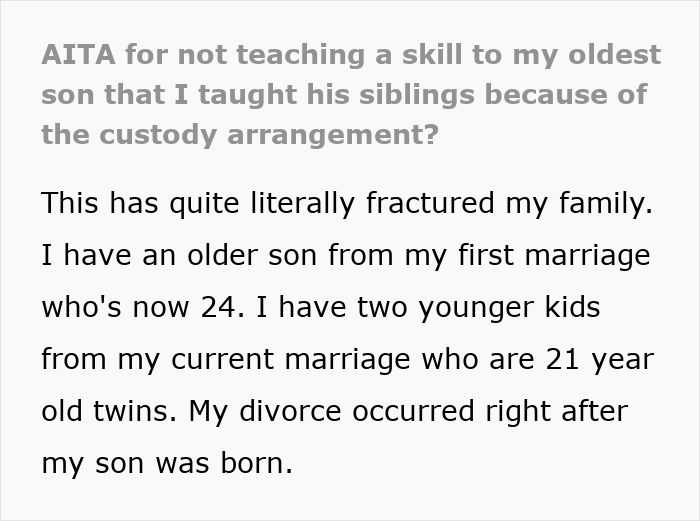 Text excerpt about a man upset his dad didn’t pass on craft skills while half-brothers start a business with them. Text excerpt about a man upset his dad didn’t pass on craft skills while half-brothers start a business with them.