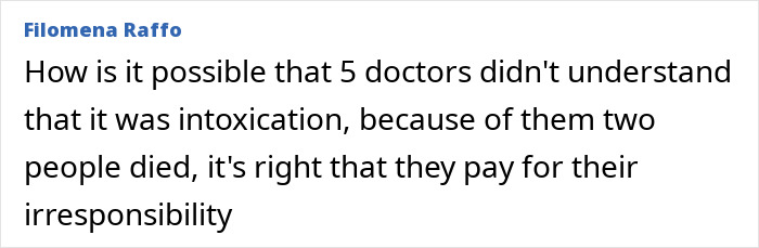 Comment expressing outrage over doctors missing intoxication signs after Italian mother and daughter lose lives from fatal Christmas dinner.