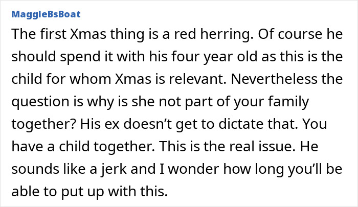 Comment criticizing husband for ditching wife and baby on Christmas but spending time with his other kid, highlighting family issues.